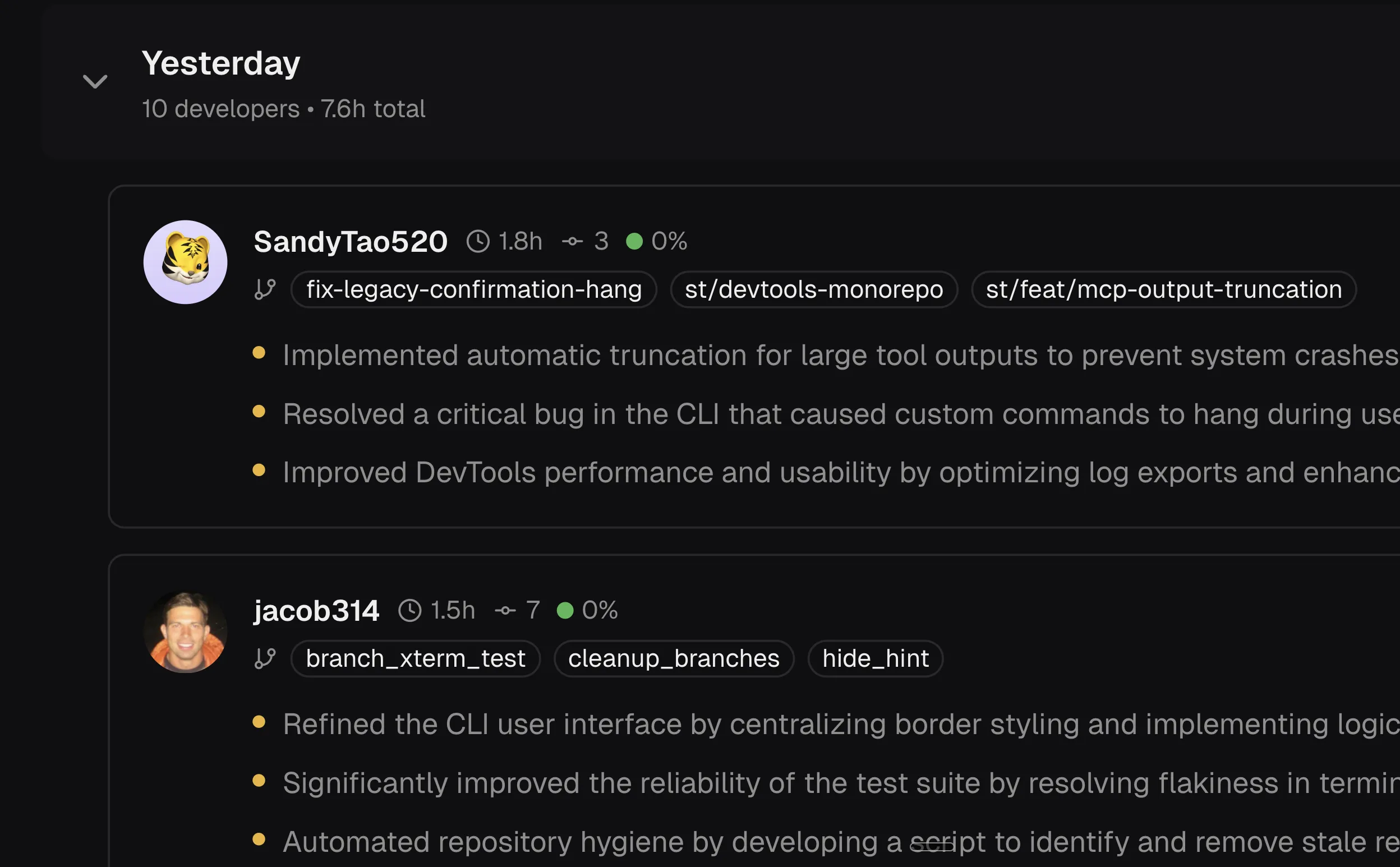 Sample shipped work view with merged pull request summaries